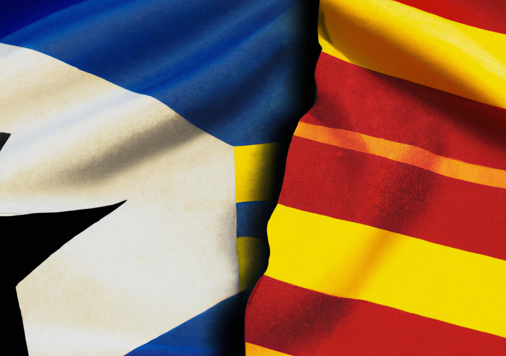 DALL·E 2023-04-20 13.47.57 - Flag of Catalonia and flag of Spain facing and fighting each other Els temps que Lleida governarà Espanya