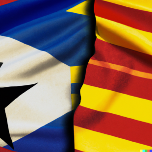 DALL·E 2023-04-20 13.47.57 - Flag of Catalonia and flag of Spain facing and fighting each other Els temps que Lleida governarà Espanya